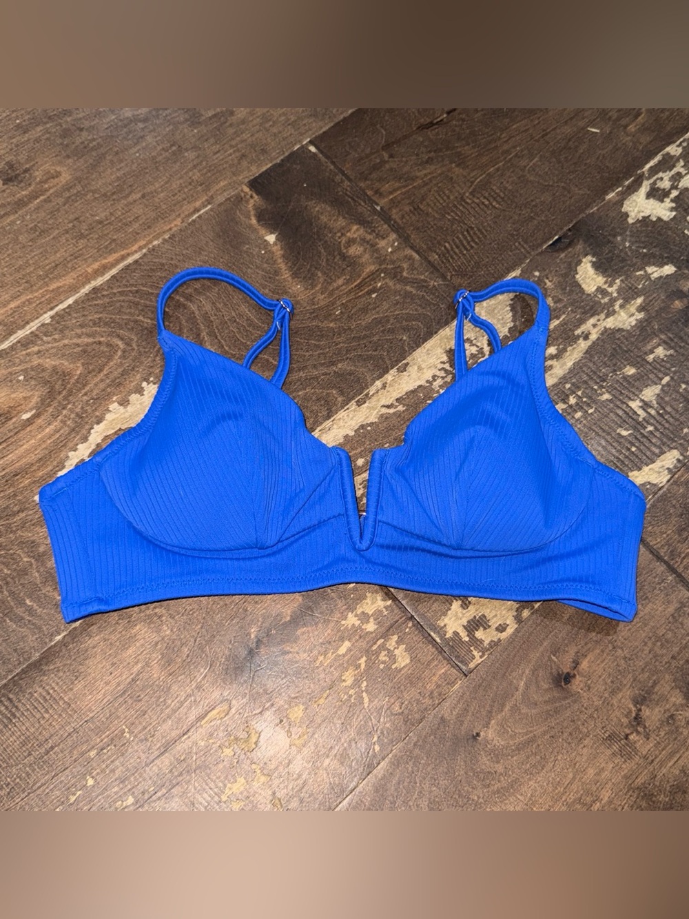 Shade & Shore Electric Blue Ribbed Underwire V-Notch Bikini Top